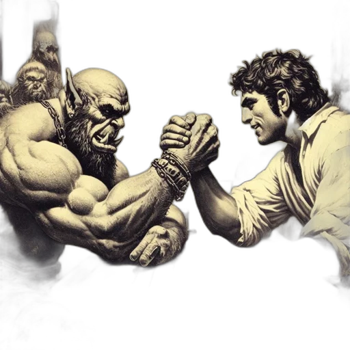 comic book art, concept art, fantasy art, photorealistic, intimidating, orc, challenges, human transparent PNG cut-out