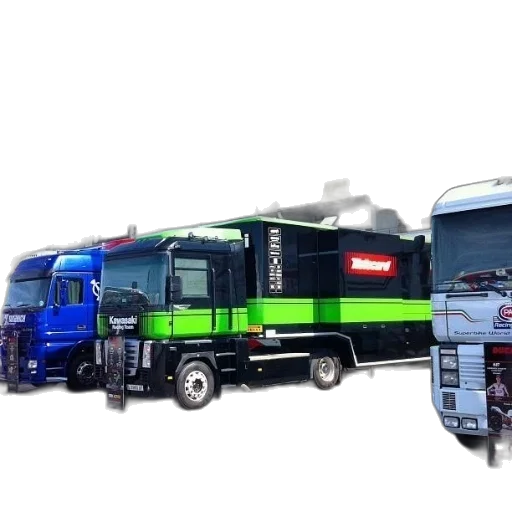 3d render, concept art, three, trucks, parked, row, one, them transparent PNG cut-out