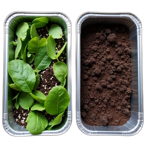 food, two, aluminum, trays, filled, different, types, soil transparent PNG cut-out