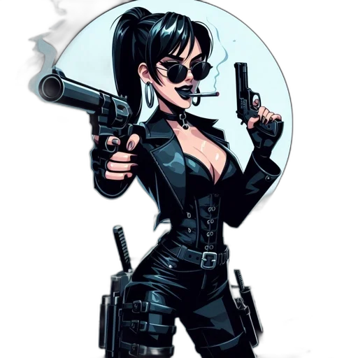 weapon, comic book art, concept art, cartoon, cyberpunk, intense, confident, woman transparent PNG cut-out