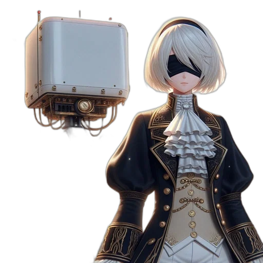 jacket, robot, weapon, staff, concept art, 3d render, fantasy art, monochrome transparent PNG cut-out