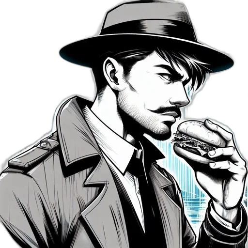 food, comic book art, cartoon, concept art, photorealistic, man, trench, coat transparent PNG cut-out