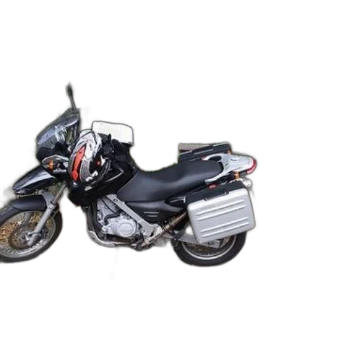 3d render, photorealistic, black, motorcycle, silver, storage, box, helmet transparent PNG cut-out
