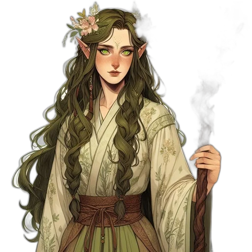 staff, dress, fantasy art, concept art, pixel art, watercolor, green, earth tones transparent PNG cut-out