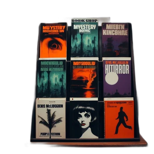 bookshelf, bookshop, displays, numerous, mystery, thriller, books, arranged transparent PNG cut-out