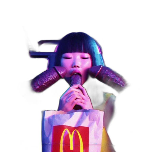 food, robot, creature, weapon, vaporwave, cyberpunk, 3d render, photorealistic transparent PNG cut-out