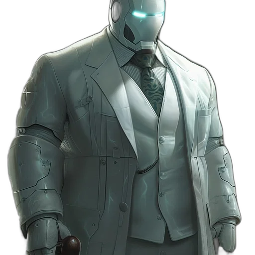 robot, jacket, mask, staff, concept art, cyberpunk, comic book art, 3d render transparent PNG cut-out