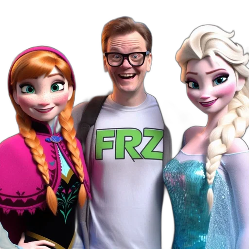 3d render, cartoon, anna, elsa, man, glasses, stand, together transparent PNG cut-out