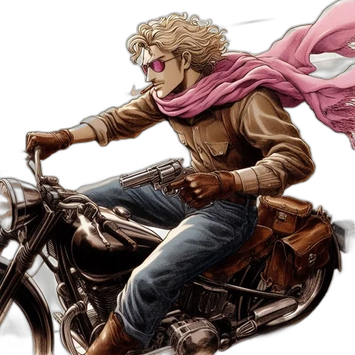 jacket, weapon, comic book art, concept art, anime, cartoon, man, rides transparent PNG cut-out