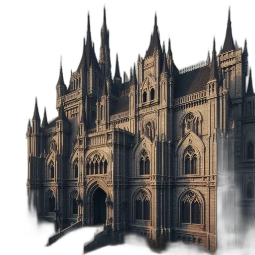 building, concept art, 3d render, fantasy art, photorealistic, fog, city street, dark transparent PNG cut-out