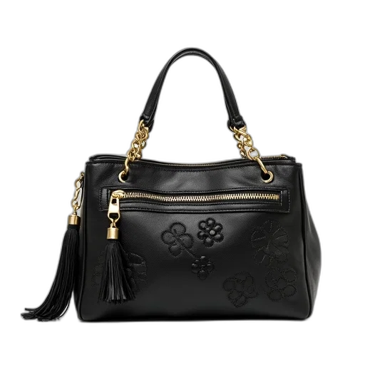 black, leather, handbag, gold, zipper, chain, handle, displayed transparent PNG cut-out