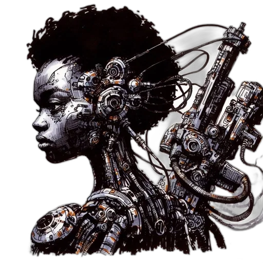 robot, weapon, cyberpunk, concept art, comic book art, pixel art, outer space, profile transparent PNG cut-out