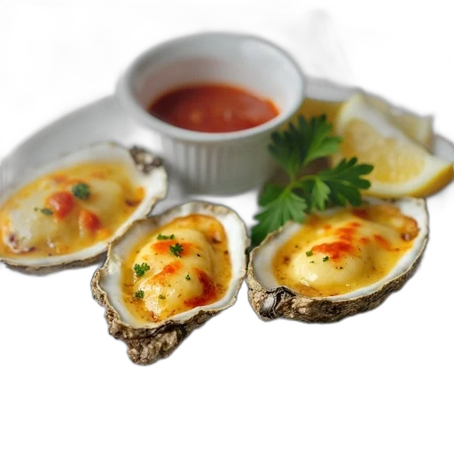 food, 3d render, photorealistic, plate, oysters, melted, cheese, top transparent PNG cut-out