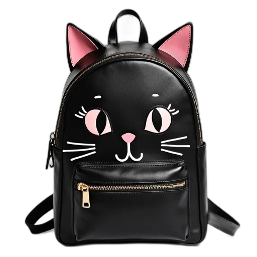black, leather, backpack, cute, cat, face, design, front transparent PNG cut-out