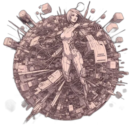 robot, weapon, staff, concept art, comic book art, cyberpunk, 3d render, outer space transparent PNG cut-out