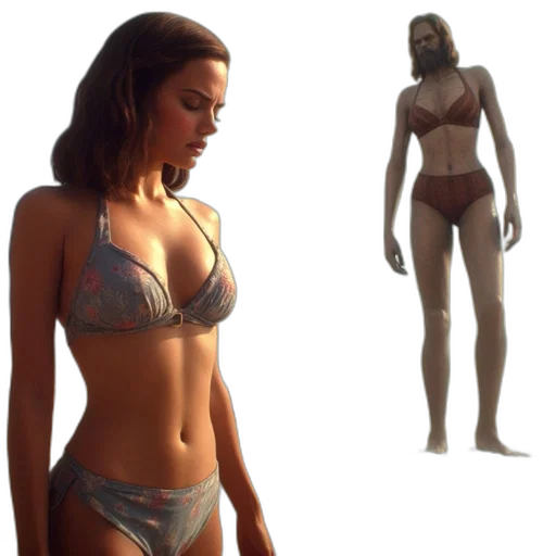 concept art, 3d render, photorealistic, fantasy art, beach, earth tones, woman, bikini transparent PNG cut-out
