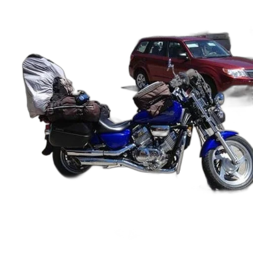 jacket, car, 3d render, photorealistic, blue, motorcycle, luggage, back transparent PNG cut-out
