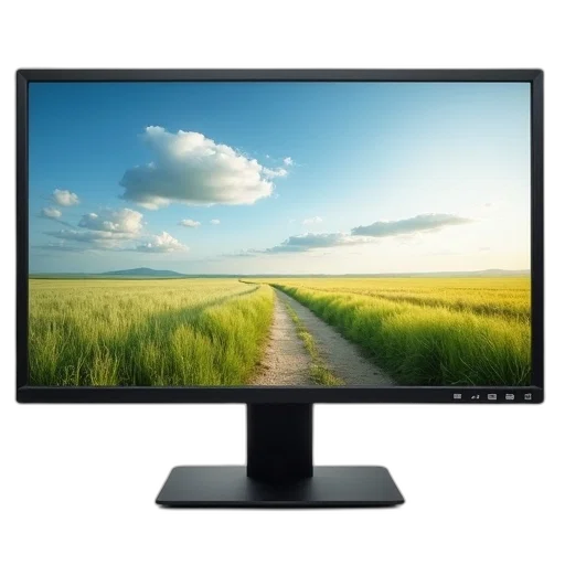 3d render, photorealistic, modern, flat-screen, monitor, displaying, serene, landscape transparent PNG cut-out