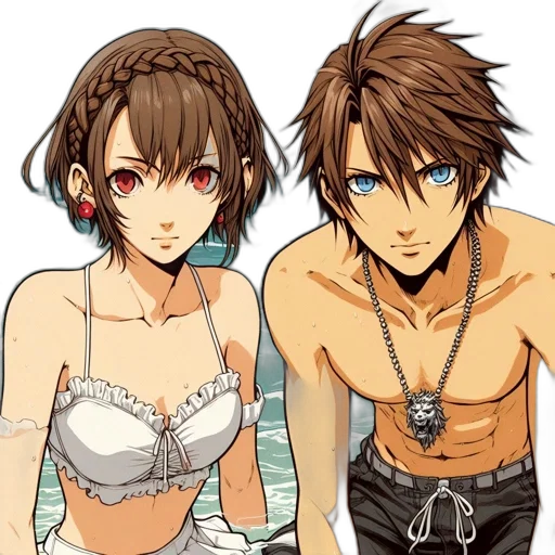 anime, concept art, cartoon, fantasy art, beach, monochrome, two, animated transparent PNG cut-out
