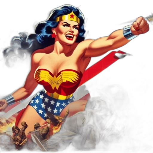 comic book art, concept art, wonder, woman, stands, defiantly, against, american transparent PNG cut-out