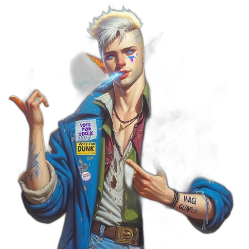 jacket, staff, concept art, fantasy art, cyberpunk, comic book art, individual, distinctive transparent PNG cut-out