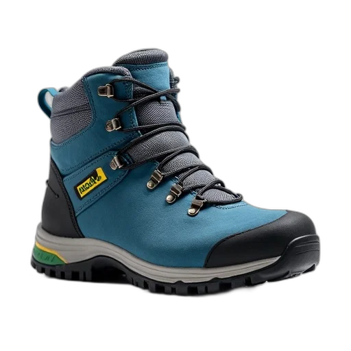 close-up, blue, grey, hiking, boot, yellow, green, logo transparent PNG cut-out