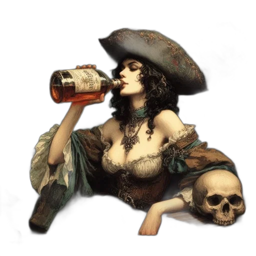bottle, fantasy art, concept art, photorealistic, pixel art, vintage-styled, tavern, woman transparent PNG cut-out