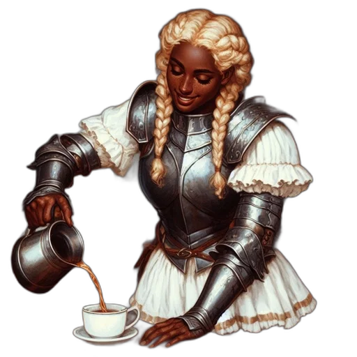staff, concept art, fantasy art, pixel art, photorealistic, woman, pours, drink transparent PNG cut-out