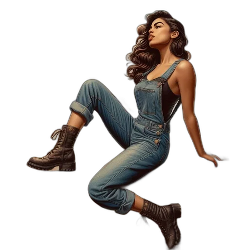concept art, comic book art, cartoon, pixel art, woman, denim, jumpsuit, sits transparent PNG cut-out