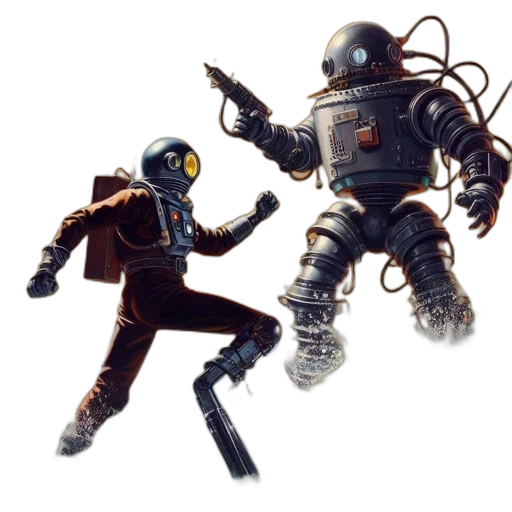 robot, concept art, 3d render, comic book art, outer space, underwater, adventurous, diver transparent PNG cut-out