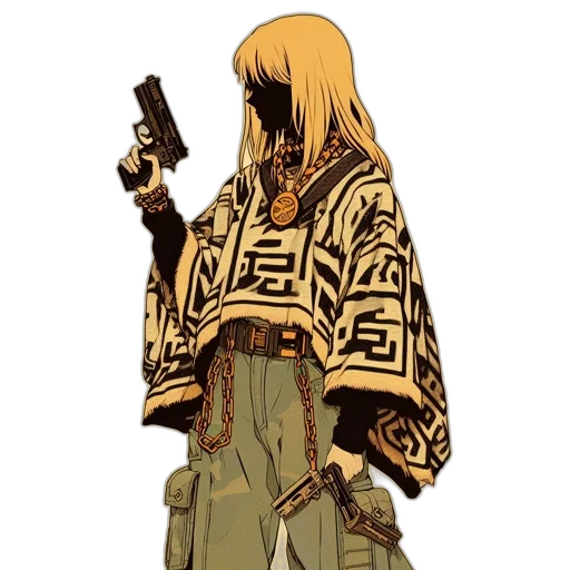 jacket, weapon, cyberpunk, concept art, comic book art, anime, golden, earth tones transparent PNG cut-out