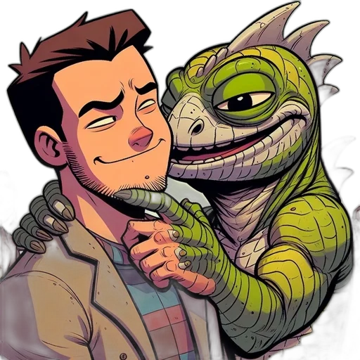 comic book art, concept art, cartoon, two, characters, interact, young, man transparent PNG cut-out