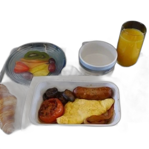 food, breakfast, tray, omelette, sausage, mushrooms, tomato, croissant transparent PNG cut-out