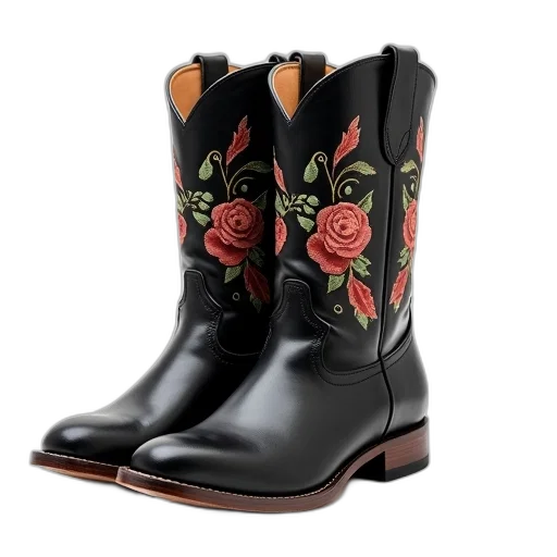 shoes, pair, black, leather, boots, floral, embroidery, design transparent PNG cut-out
