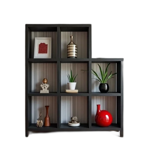 furniture, 3d render, photorealistic, dark, earth tones, black, modern, multi-tiered transparent PNG cut-out