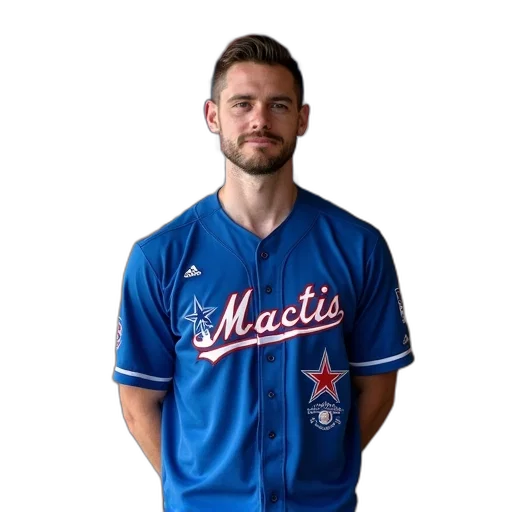 staff, jacket, man, wearing, blue, baseball, jersey, words transparent PNG cut-out
