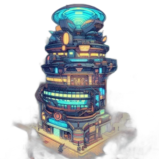 building, robot, concept art, fantasy art, cyberpunk, pixel art, fog, blue transparent PNG cut-out