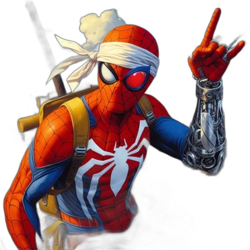 concept art, comic book art, fantasy art, pixel art, costumed, figure, resembling, spider-man transparent PNG cut-out