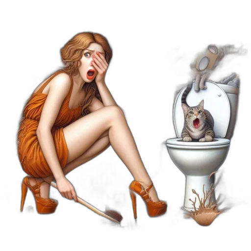 concept art, photorealistic, fantasy art, fire, cluttered, bathroom, startled, woman transparent PNG cut-out