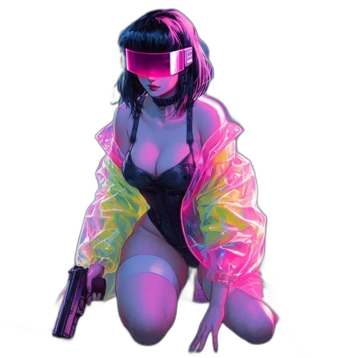 jacket, robot, weapon, mask, cyberpunk, vaporwave, concept art, 3d render transparent PNG cut-out