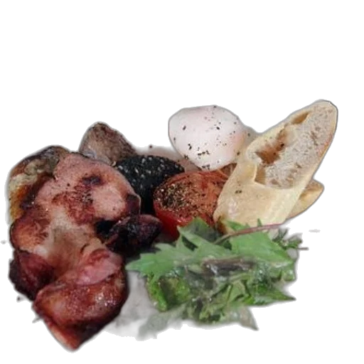 food, photorealistic, 3d render, plate, breakfast, featuring, bacon, eggs transparent PNG cut-out