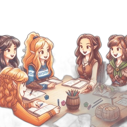 concept art, fantasy art, pixel art, watercolor, fire, five, women, sit transparent PNG cut-out