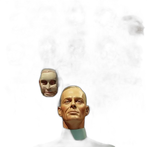 mask, face, staff, robot, concept art, 3d render, photorealistic, vaporwave transparent PNG cut-out