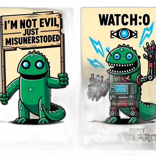 robot, concept art, comic book art, two, cartoonish, dinosaur, dragon, creatures transparent PNG cut-out