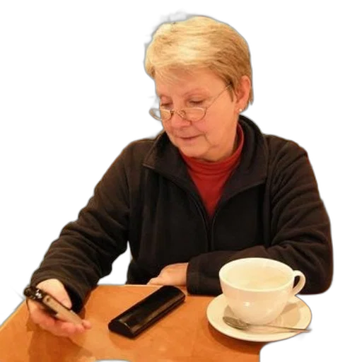 staff, jewelry, face, older, woman, black, jacket, sitting transparent PNG cut-out