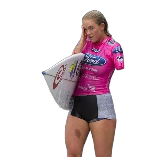 jacket, woman, pink, ford, further, shirt, holds, surfboard transparent PNG cut-out