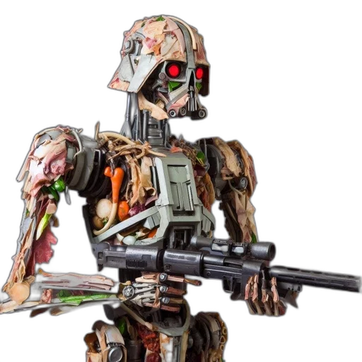 robot, weapon, concept art, 3d render, cyberpunk, food-based, holds, monochromatic transparent PNG cut-out