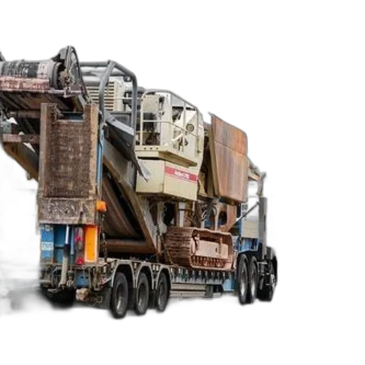 large, construction, vehicle, being, transported, specialized, trailer, urban transparent PNG cut-out