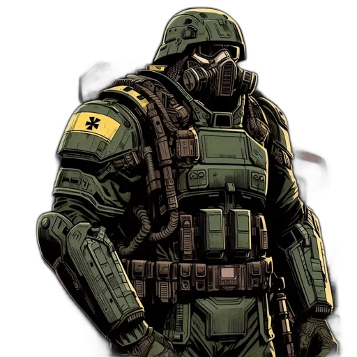 mask, concept art, comic book art, pixel art, 3d render, green, armored, soldier transparent PNG cut-out