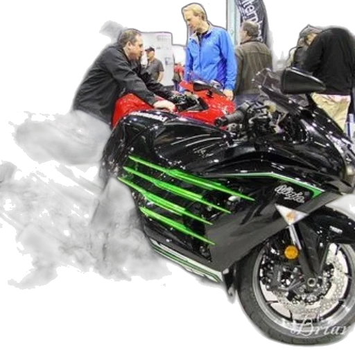 photorealistic, concept art, black, kawasaki, motorcycle, green, accents, display transparent PNG cut-out